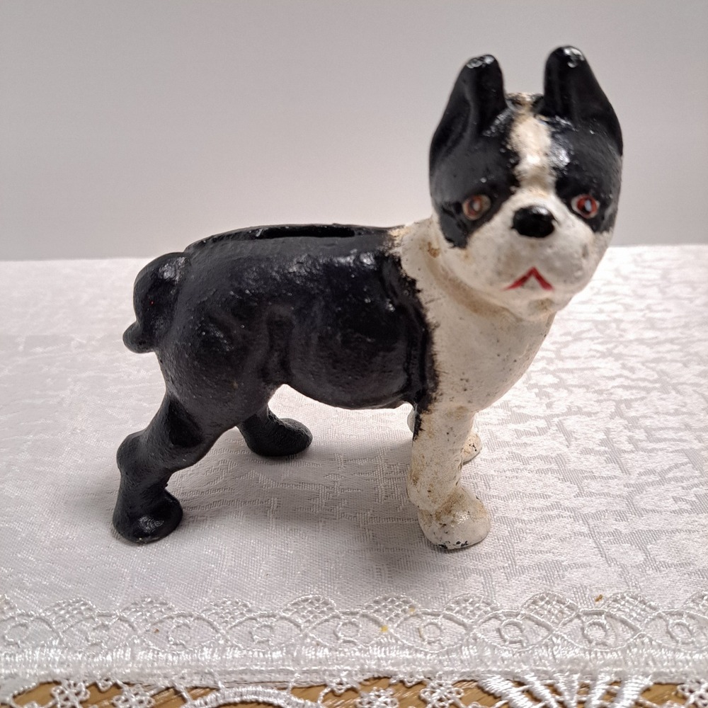 Unbranded Cast Iron Boston Terrier Dog Coin Bank OS Black White Good Vintage